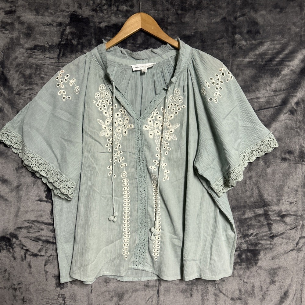 Chelsea‎ & Theodore Women's Large Green Embroidered Crinkle Tunic Top Cotton